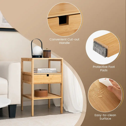 Bamboo Nightstand with Storage Drawer and Slatted Shelf-1 Piece - Natural - Nightstands