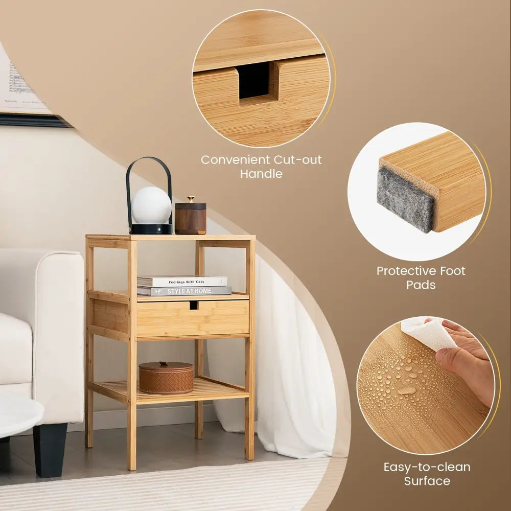 Bamboo Nightstand with Storage Drawer and Slatted Shelf-1 Piece - Natural - Nightstands