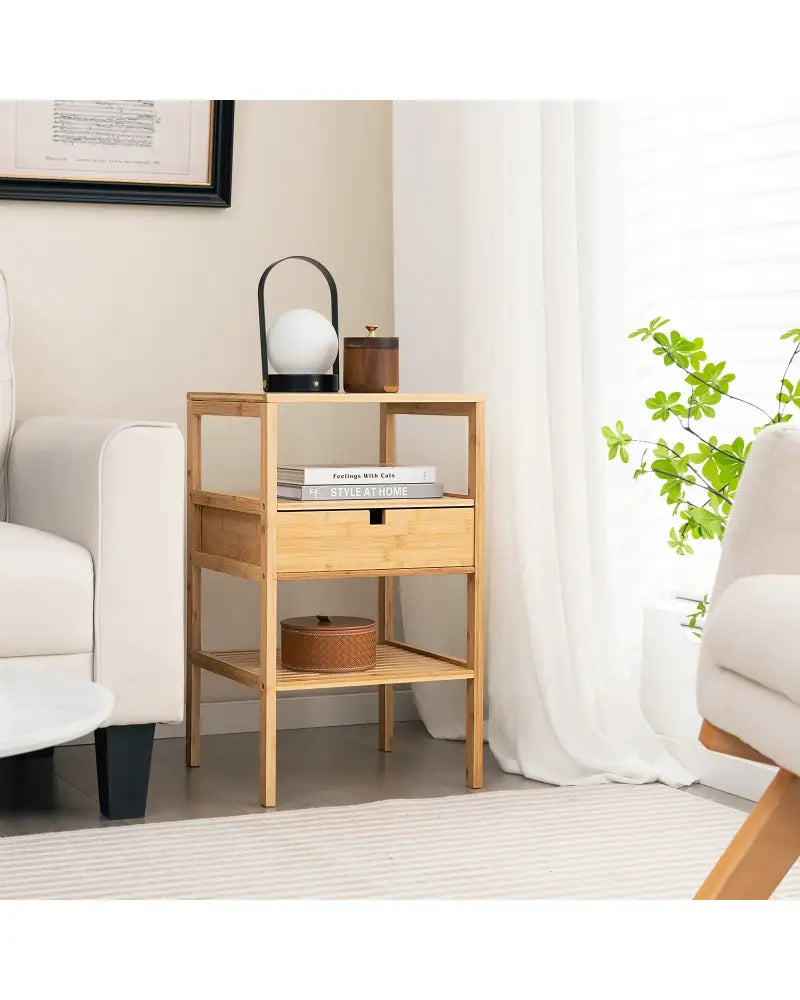 Bamboo Nightstand with Storage Drawer and Slatted Shelf-1 Piece - Natural - Nightstands