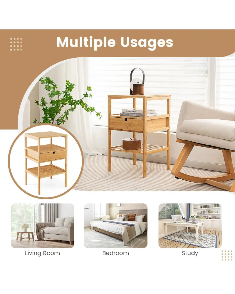 Bamboo Nightstand with Storage Drawer and Slatted Shelf-1 Piece - Natural - Nightstands
