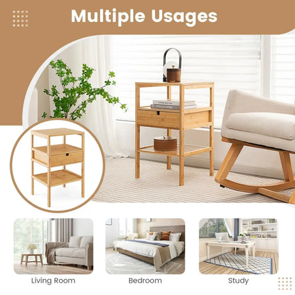 Bamboo Nightstand with Storage Drawer and Slatted Shelf-1 Piece - Natural - Nightstands