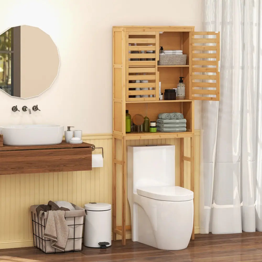 Bamboo Over The Toilet Storage Cabinet Bathroom with Adjustable Shelf-Natural - Natural - Over the Toilet Storage
