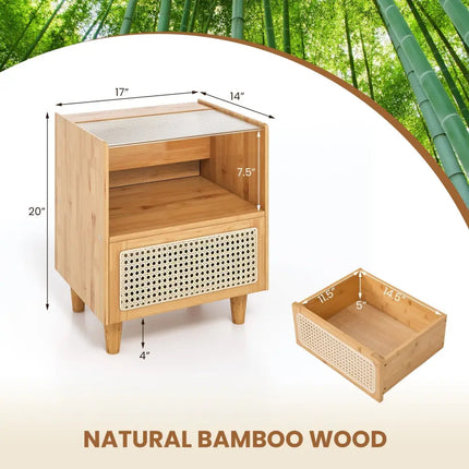 Bamboo Rattan Nightstand with Drawer and Solid Wood Legs-Natural - Natural - Nightstands
