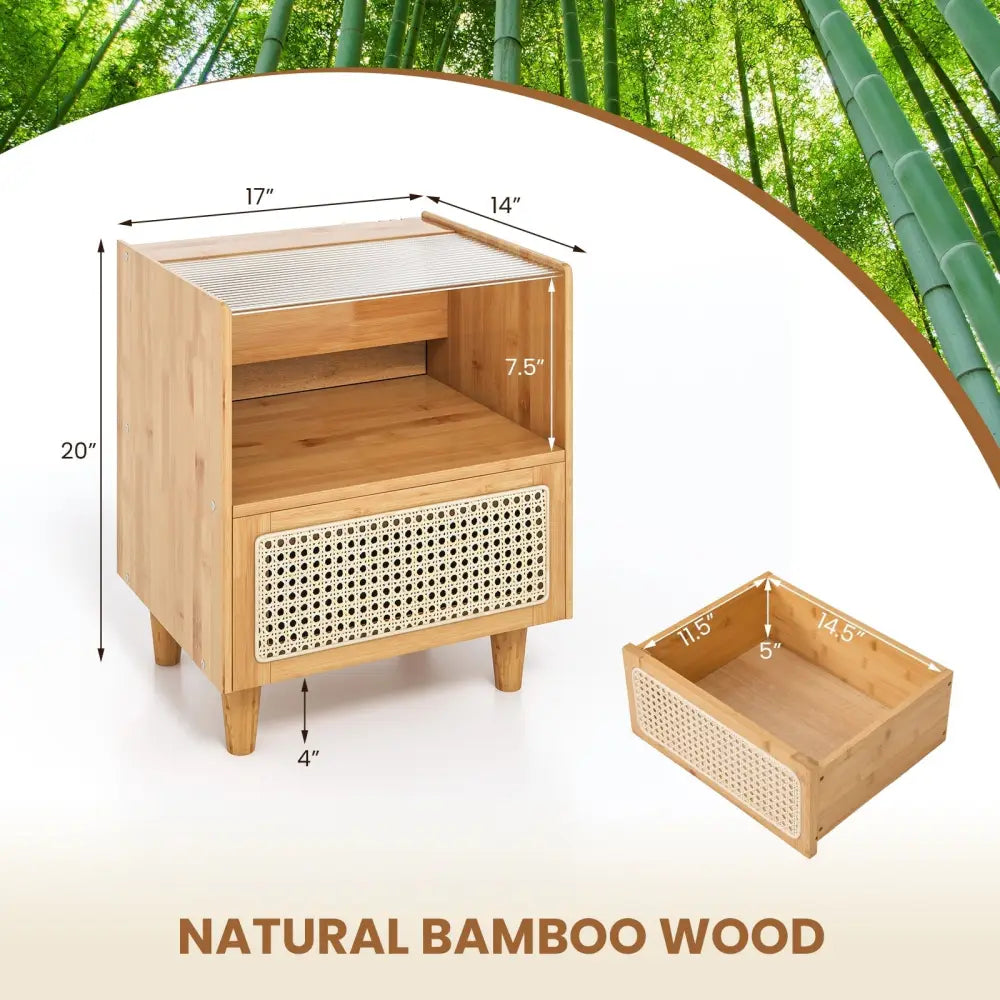 Bamboo Rattan Nightstand with Drawer and Solid Wood Legs-Natural - Natural - Nightstands