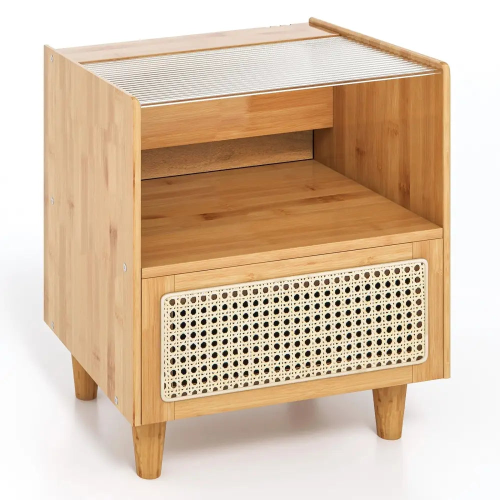 Bamboo Rattan Nightstand with Drawer and Solid Wood Legs-Natural - Natural - Nightstands