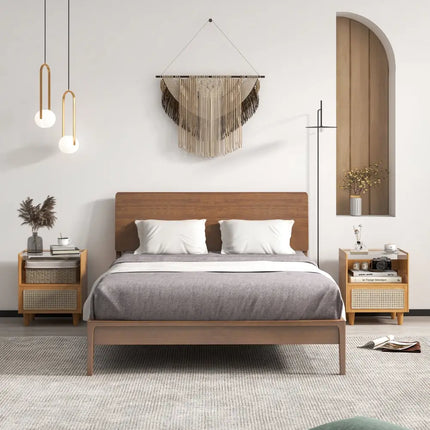 Bamboo Rattan Nightstand with Drawer and Solid Wood Legs-Natural - Natural - Nightstands