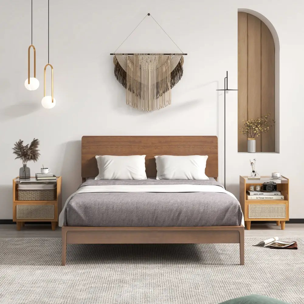 Bamboo Rattan Nightstand with Drawer and Solid Wood Legs-Natural - Natural - Nightstands