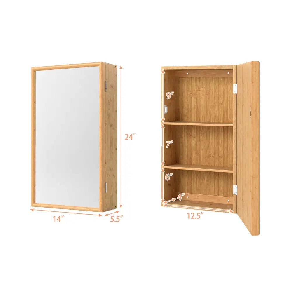 Bamboo Small Medicine Cabinet with Mirror Door and Removable Shelves-Natural - Natural - Wall Cabinets