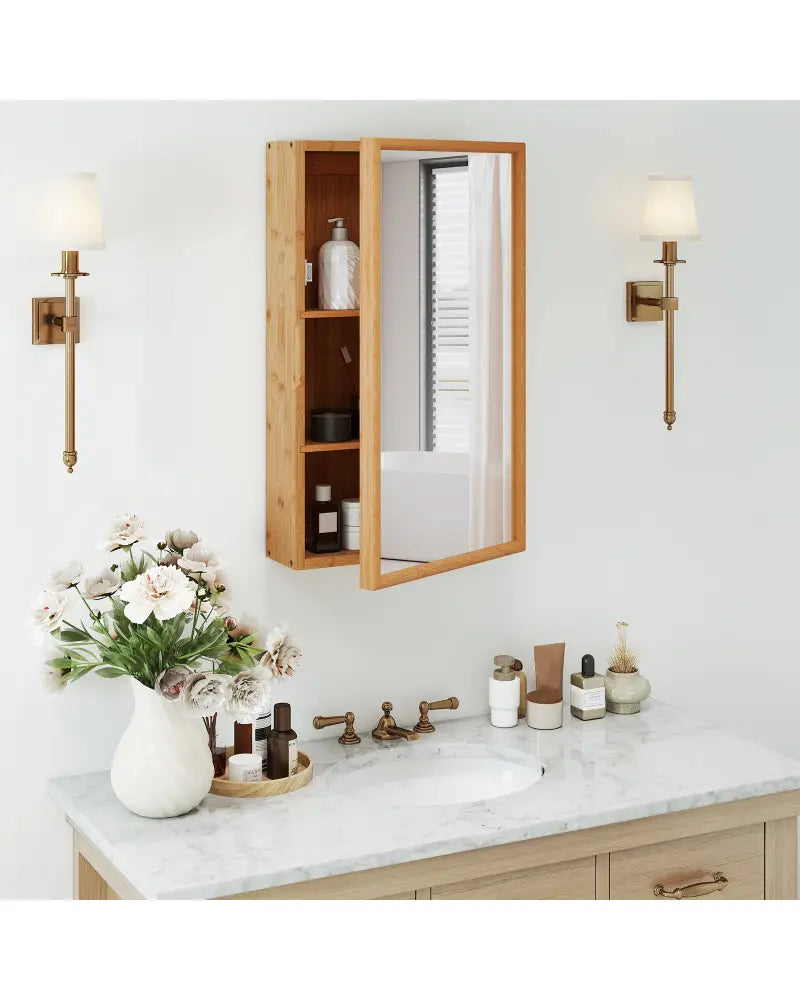 Bamboo Small Medicine Cabinet with Mirror Door and Removable Shelves-Natural - Natural - Wall Cabinets