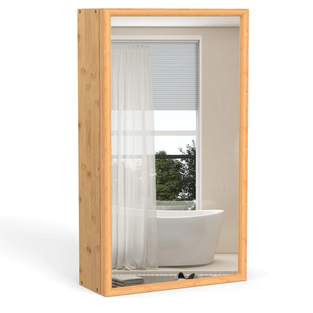Bamboo Small Medicine Cabinet with Mirror Door and Removable Shelves-Natural - Natural - Wall Cabinets