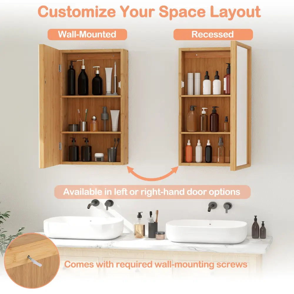 Bamboo Small Medicine Cabinet with Mirror Door and Removable Shelves-Natural - Natural - Wall Cabinets