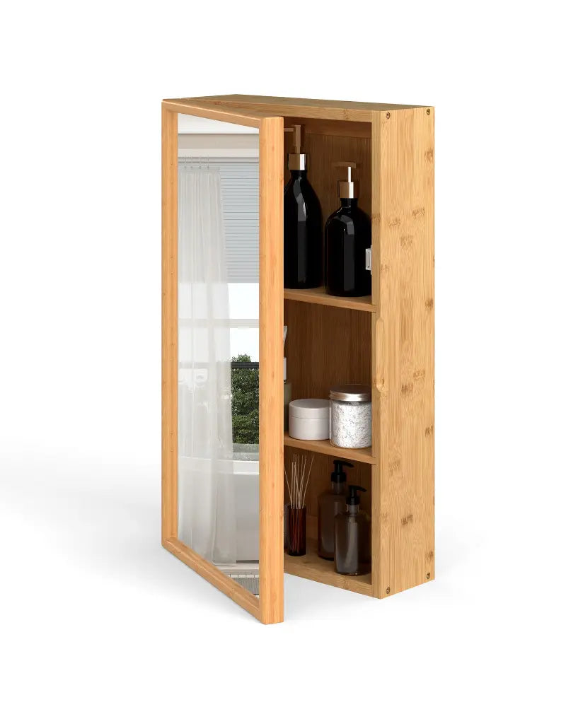 Bamboo Small Medicine Cabinet with Mirror Door and Removable Shelves-Natural - Natural - Wall Cabinets