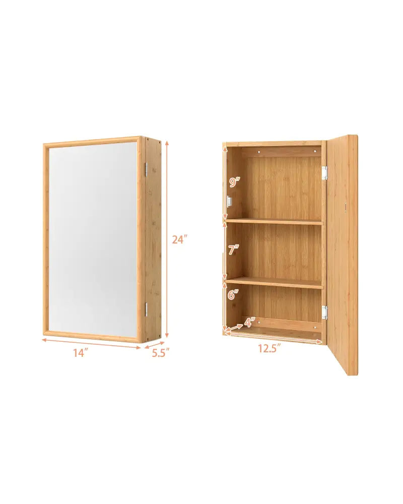 Bamboo Small Medicine Cabinet with Mirror Door and Removable Shelves-Natural - Natural - Wall Cabinets