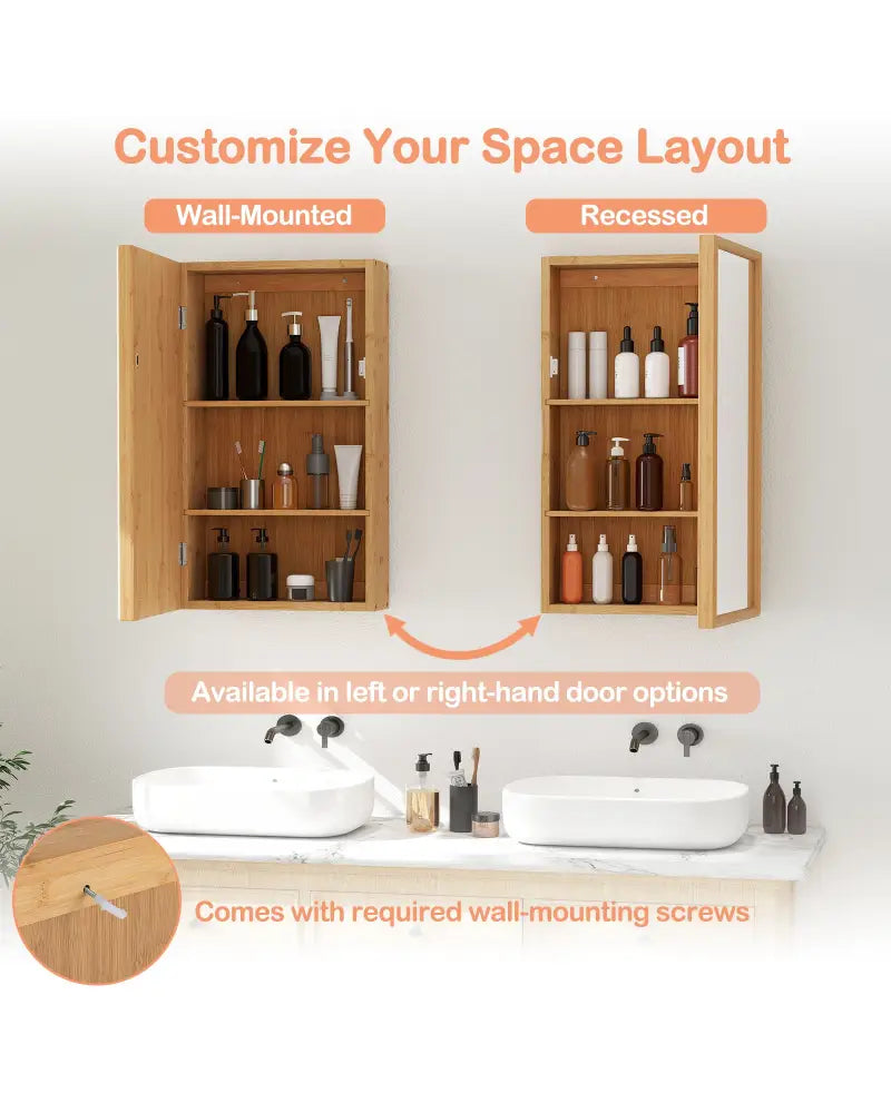 Bamboo Small Medicine Cabinet with Mirror Door and Removable Shelves-Natural - Natural - Wall Cabinets