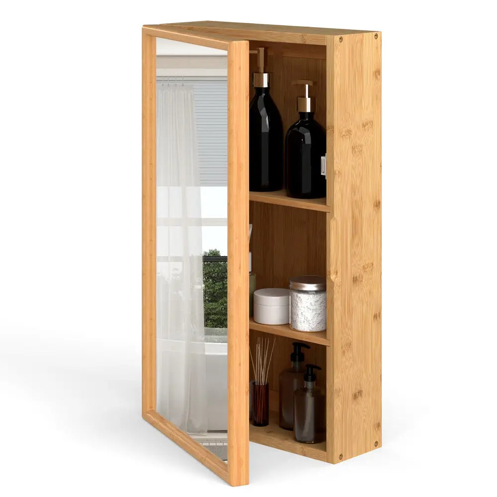 Bamboo Small Medicine Cabinet with Mirror Door and Removable Shelves-Natural - Natural - Wall Cabinets