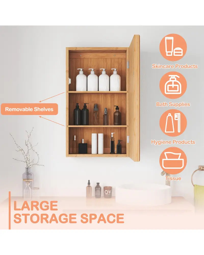 Bamboo Small Medicine Cabinet with Mirror Door and Removable Shelves-Natural - Natural - Wall Cabinets
