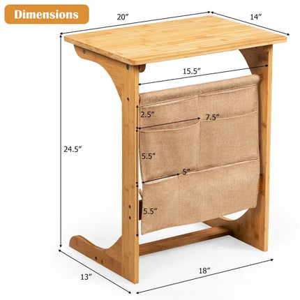 Bamboo Sofa Table End Table Bedside Table with Storage Bag-Natural - Natural - Living Room