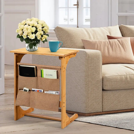 Bamboo Sofa Table End Table Bedside Table with Storage Bag-Natural - Natural - Living Room