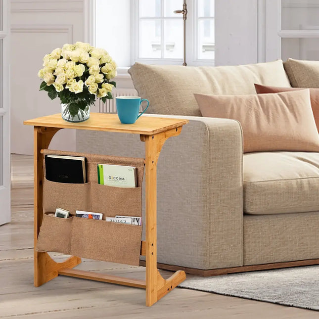 Bamboo Sofa Table End Table Bedside Table with Storage Bag-Natural - Natural - Living Room