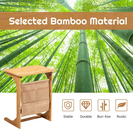 Bamboo Sofa Table End Table Bedside Table with Storage Bag-Natural - Natural - Living Room