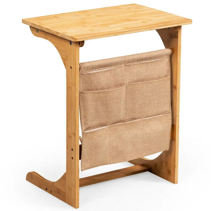 Bamboo Sofa Table End Table Bedside Table with Storage Bag-Natural - Natural - Living Room