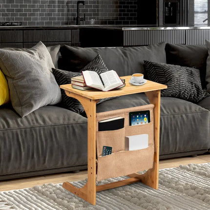 Bamboo Sofa Table End Table Bedside Table with Storage Bag-Natural - Natural - Living Room