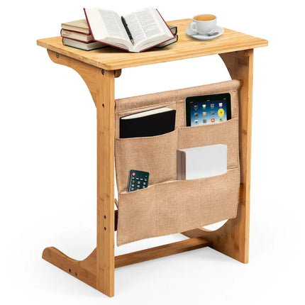 Bamboo Sofa Table End Table Bedside Table with Storage Bag-Natural - Natural - Living Room