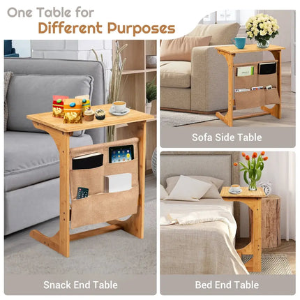 Bamboo Sofa Table End Table Bedside Table with Storage Bag-Natural - Natural - Living Room