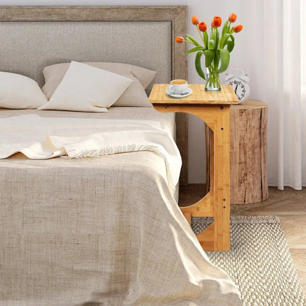 Bamboo Sofa Table End Table Bedside Table with Storage Bag-Natural - Natural - Living Room