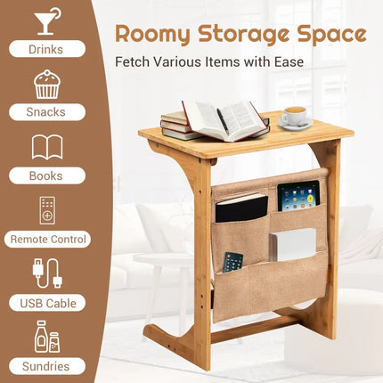 Bamboo Sofa Table End Table Bedside Table with Storage Bag-Natural - Natural - Living Room
