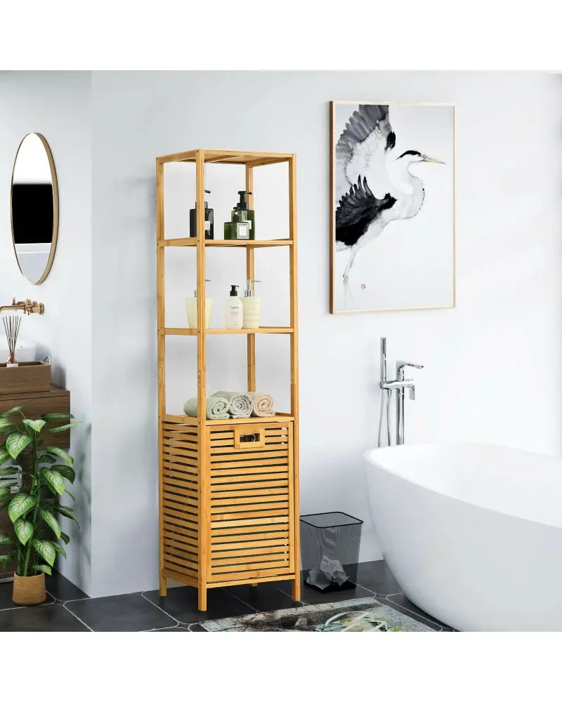 Bamboo Tower Hamper Organizer with 3-Tier Storage Shelves-Natural - Natural - Laundry Baskets