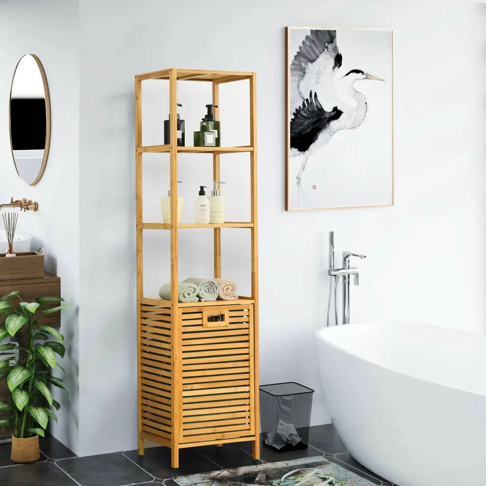Bamboo Tower Hamper Organizer with 3-Tier Storage Shelves-Natural - Natural - Laundry Baskets