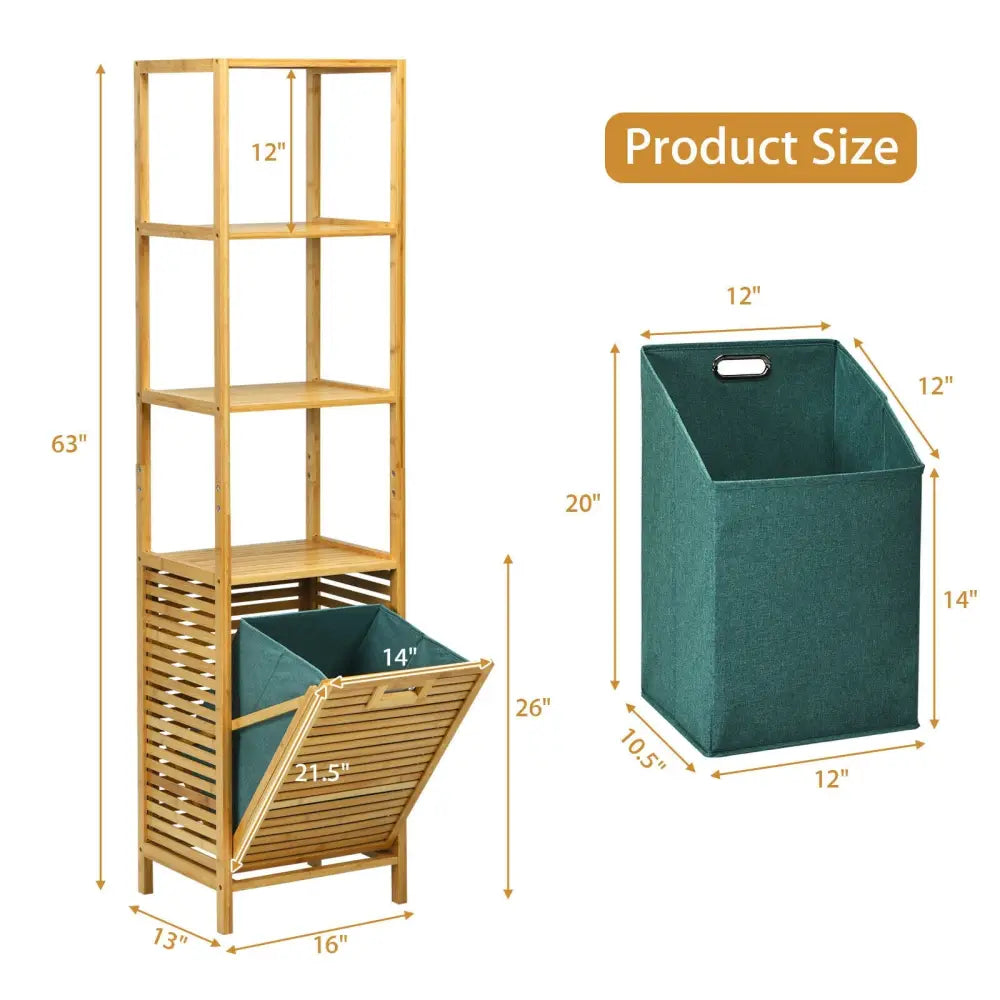 Bamboo Tower Hamper Organizer with 3-Tier Storage Shelves-Natural - Natural - Laundry Baskets