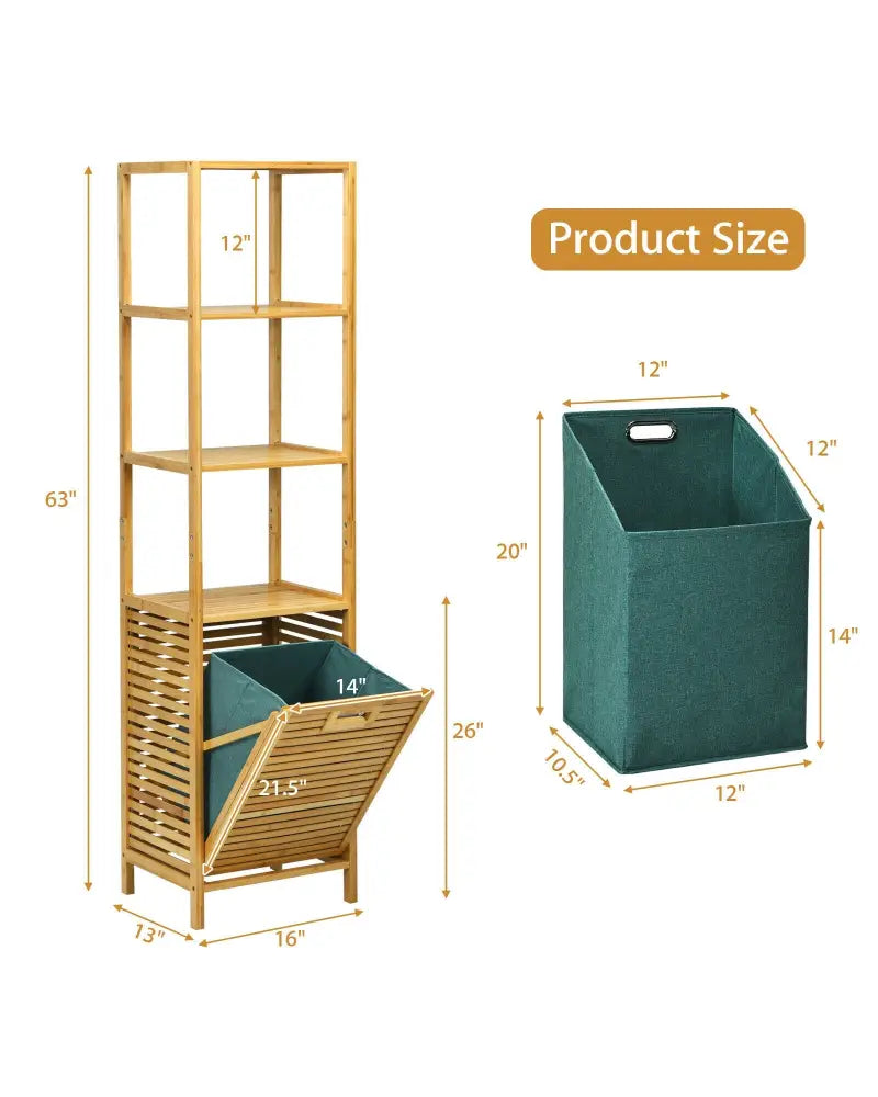 Bamboo Tower Hamper Organizer with 3-Tier Storage Shelves-Natural - Natural - Laundry Baskets