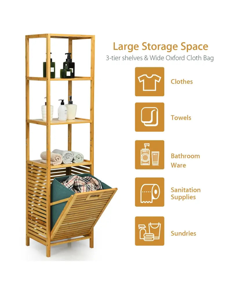Bamboo Tower Hamper Organizer with 3-Tier Storage Shelves-Natural - Natural - Laundry Baskets