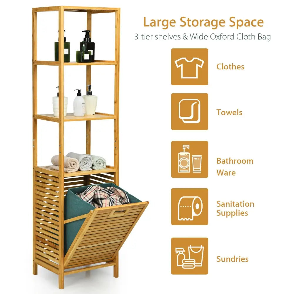 Bamboo Tower Hamper Organizer with 3-Tier Storage Shelves-Natural - Natural - Laundry Baskets