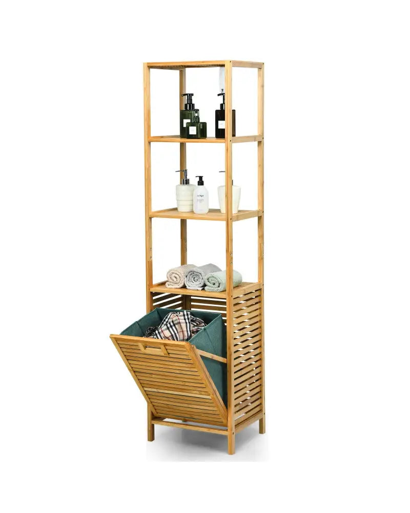 Bamboo Tower Hamper Organizer with 3-Tier Storage Shelves-Natural - Natural - Laundry Baskets
