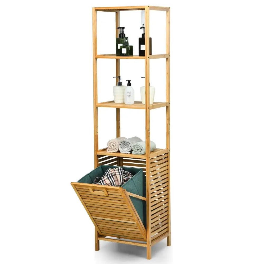Bamboo Tower Hamper Organizer with 3-Tier Storage Shelves-Natural - Natural - Laundry Baskets