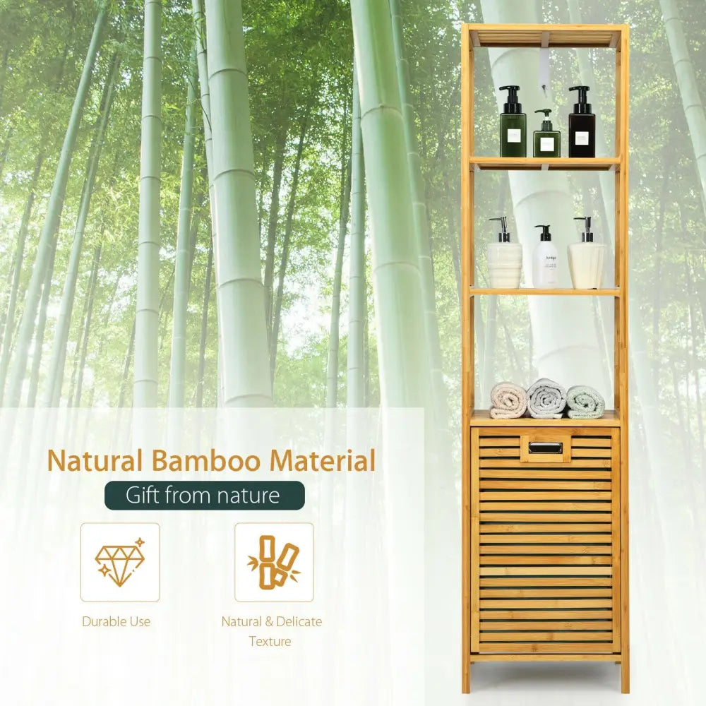 Bamboo Tower Hamper Organizer with 3-Tier Storage Shelves-Natural - Natural - Laundry Baskets