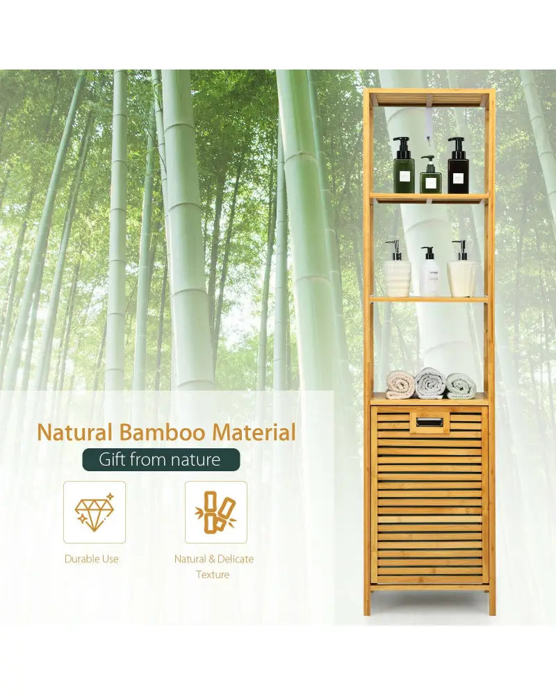 Bamboo Tower Hamper Organizer with 3-Tier Storage Shelves-Natural - Natural - Laundry Baskets