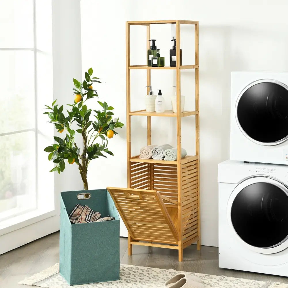 Bamboo Tower Hamper Organizer with 3-Tier Storage Shelves-Natural - Natural - Laundry Baskets