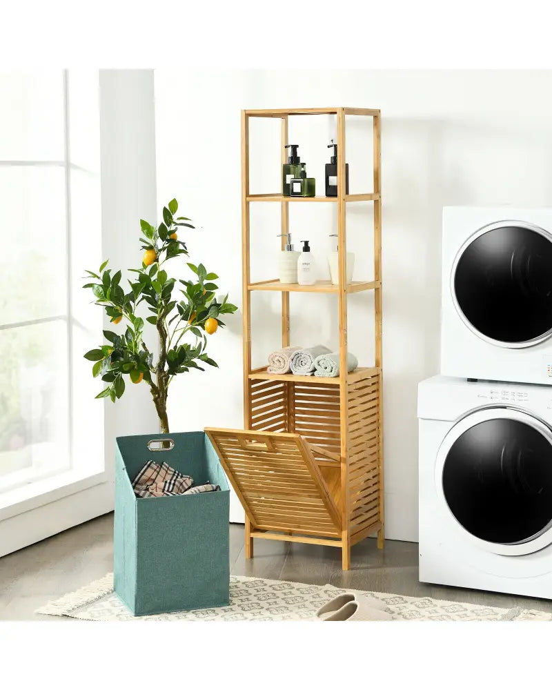 Bamboo Tower Hamper Organizer with 3-Tier Storage Shelves-Natural - Natural - Laundry Baskets