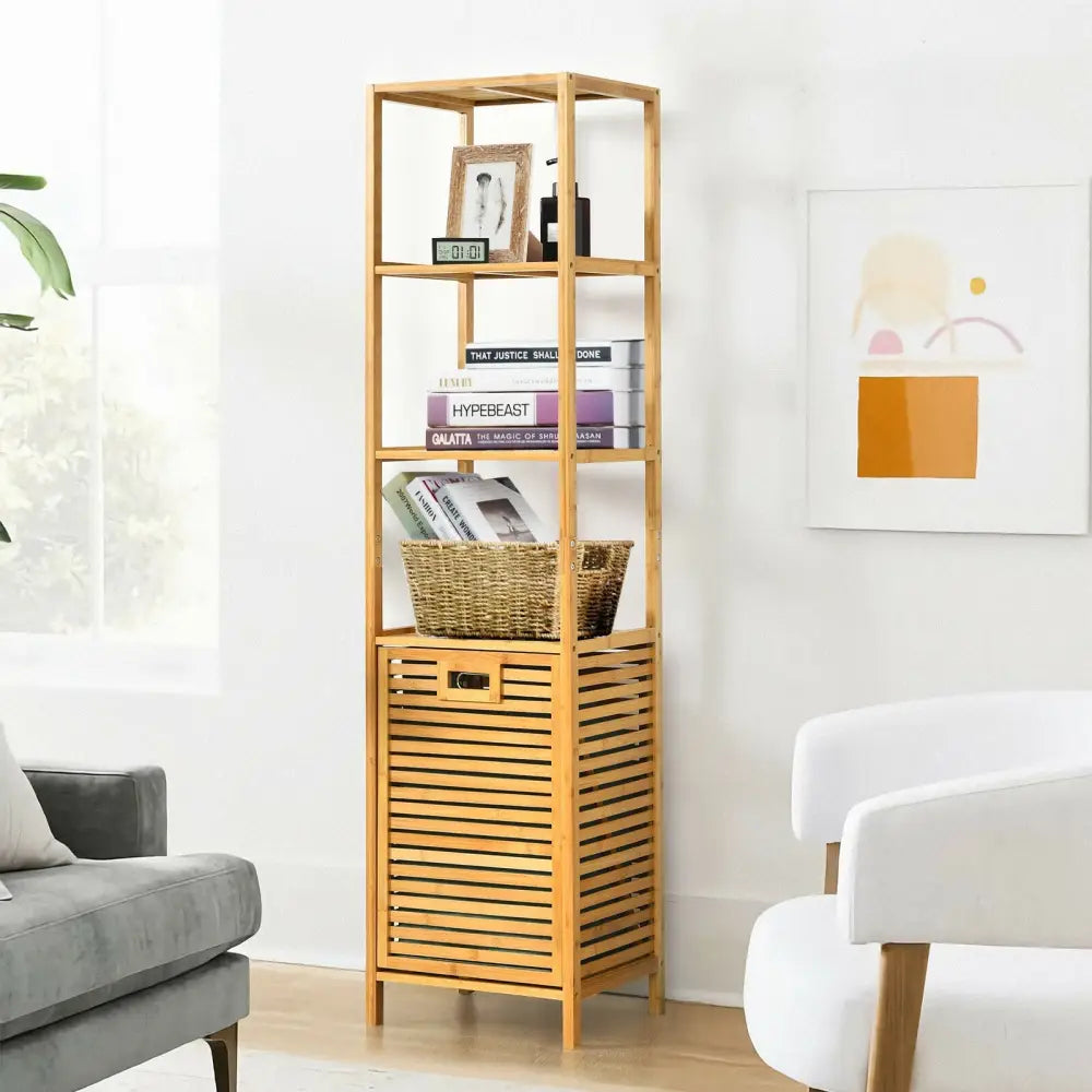 Bamboo Tower Hamper Organizer with 3-Tier Storage Shelves-Natural - Natural - Laundry Baskets