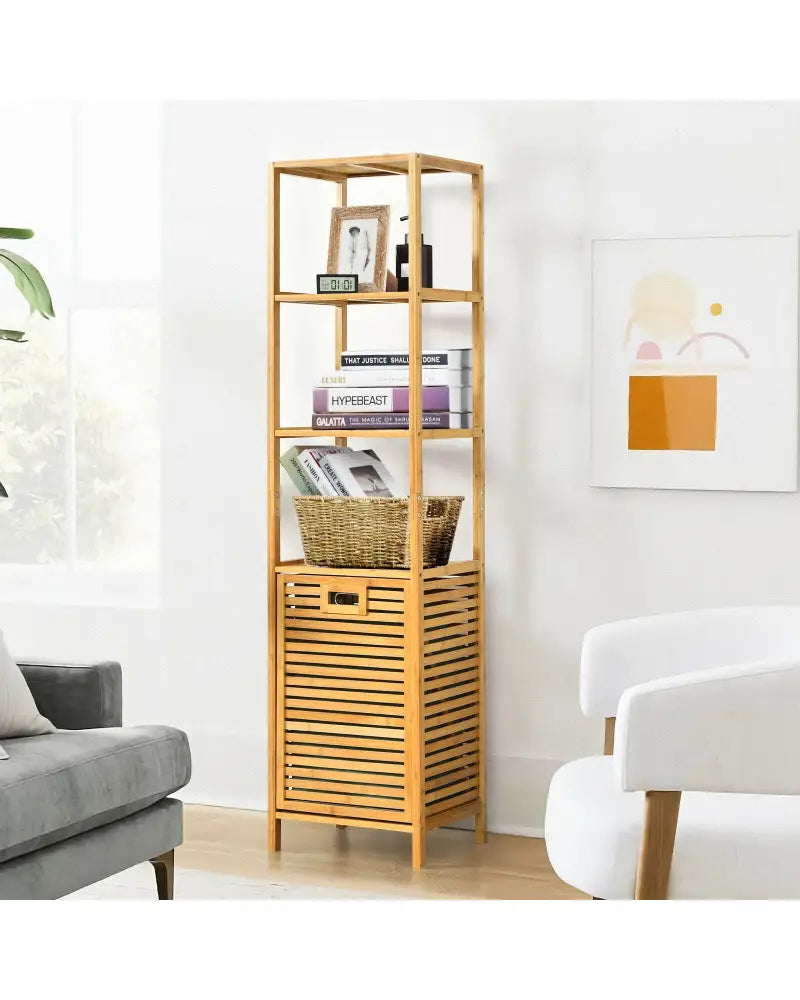 Bamboo Tower Hamper Organizer with 3-Tier Storage Shelves-Natural - Natural - Laundry Baskets