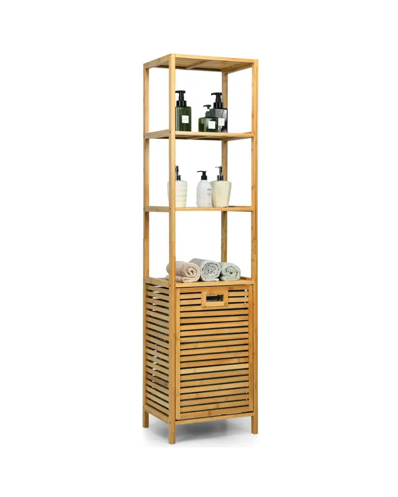 Bamboo Tower Hamper Organizer with 3-Tier Storage Shelves-Natural - Natural - Laundry Baskets