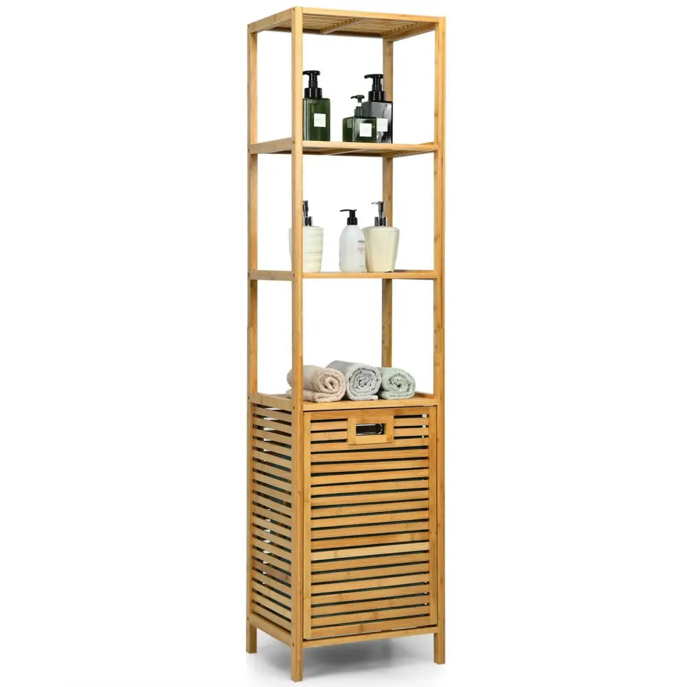 Bamboo Tower Hamper Organizer with 3-Tier Storage Shelves-Natural - Natural - Laundry Baskets