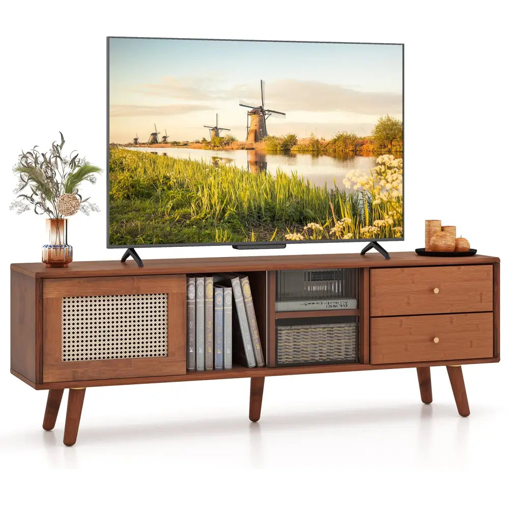 Bamboo TV Stand for TV up to 65 Inch-Brown - Brown - Entertainment Centers & TV Stands
