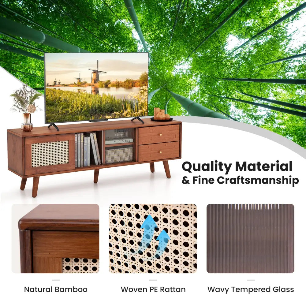 Bamboo TV Stand for TV up to 65 Inch-Brown - Brown - Entertainment Centers & TV Stands