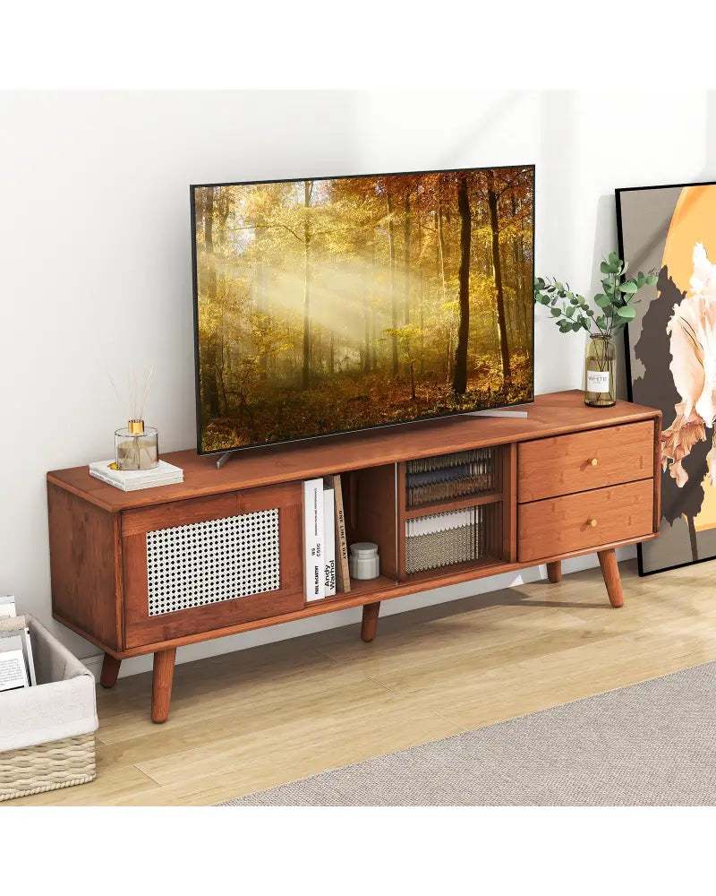Bamboo TV Stand for TV up to 65 Inch-Brown - Brown - Entertainment Centers & TV Stands
