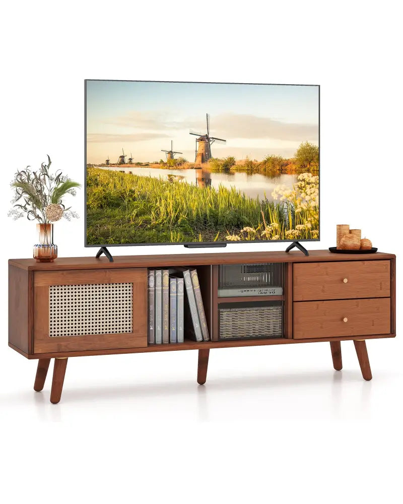 Bamboo TV Stand for TV up to 65 Inch-Brown - Brown - Entertainment Centers & TV Stands